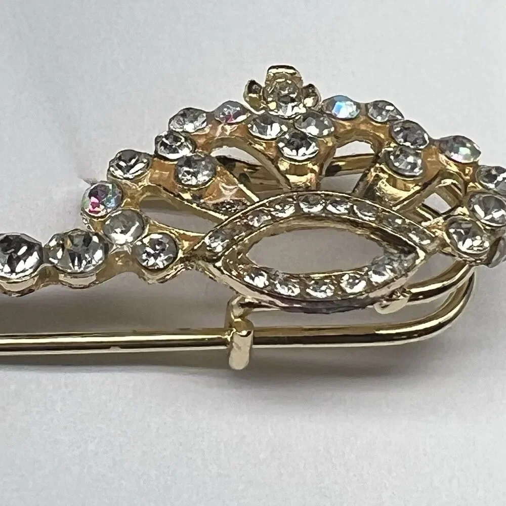 Gold Tone Princess Crown Safety Pin Brooch- Multi-colored Rhinestones